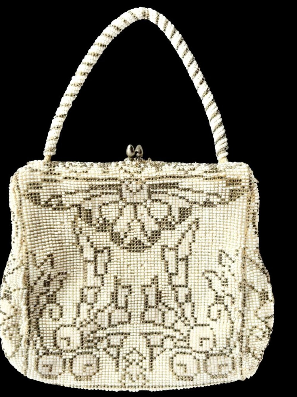 Vintage Art Deco White Beaded Moth Butterfly Design Evening Bag Czechoslovakia